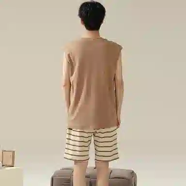 兰缪 卡通印花圆领套头无袖格子短裤睡衣套装 男款 褐色