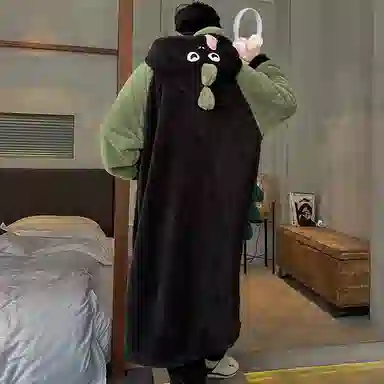 兰缪 秋冬季珊瑚绒男生 睡衣 卡通大象加厚加绒可外穿家居服睡衣套装 男款 黑色