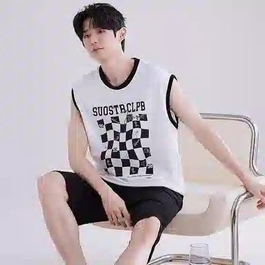 兰缪 撞色圆领无袖背心中腰裤子睡衣套装 男款 灰色