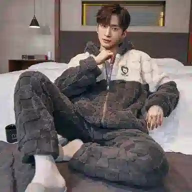 兰缪 秋冬季珊瑚绒睡衣 加厚加绒家居服 家居套装  男款  黑色