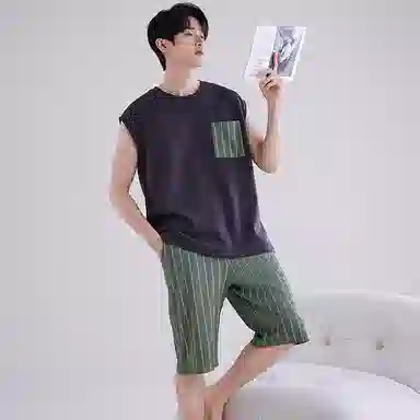 兰缪 撞色圆领无袖背心中腰裤子睡衣套装 男款 灰色