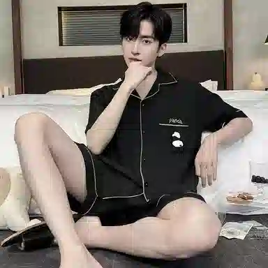 兰缪 简约休闲翻领短袖上衣松紧腰短裤睡衣套装 男款 黑色