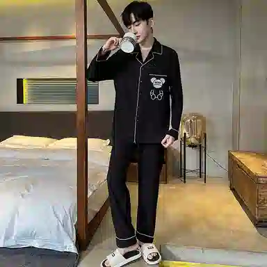 兰缪 卡通印花翻领单排扣长袖睡衣套装 男款 黑色