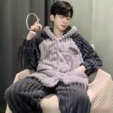 兰缪 秋冬季珊瑚绒睡衣 加厚加绒家居服 家居套装  男款  黑色