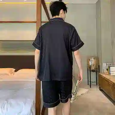 兰缪 简约凉感休闲可外穿短袖翻领上衣松紧腰短裤睡衣套装 男款 高级黑