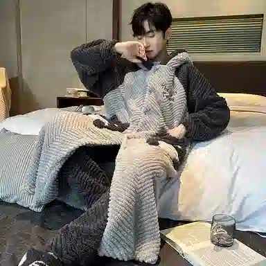 兰缪 秋冬季珊瑚绒男生 睡衣 卡通大象加厚加绒可外穿家居服睡衣套装 男款 黑色