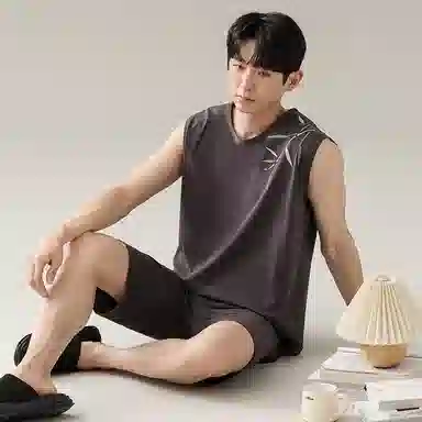 兰缪 撞色圆领无袖背心中腰裤子睡衣套装 男款 灰色