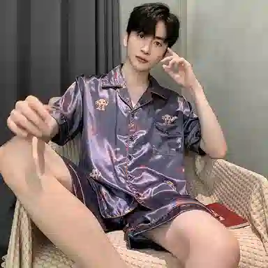 兰缪 休闲字母印花宽松翻领短袖上衣松紧腰短裤睡衣套装 男款 蓝色