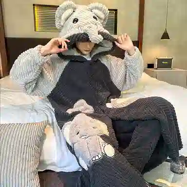 兰缪 秋冬季珊瑚绒男生 睡衣 卡通大象加厚加绒可外穿家居服睡衣套装 男款 黑色