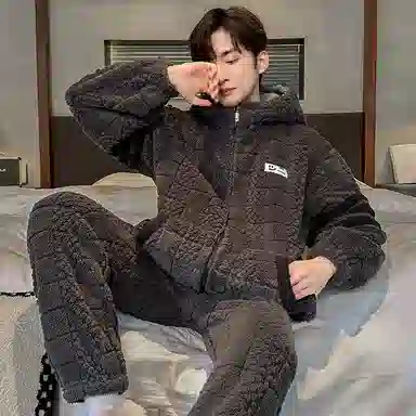 兰缪 秋冬季珊瑚绒睡衣 加厚加绒家居服 家居套装  男款  黑色