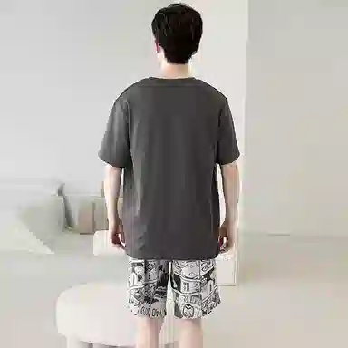 兰缪 卡通字母印花圆领套头短袖睡衣套装 男款 黑色