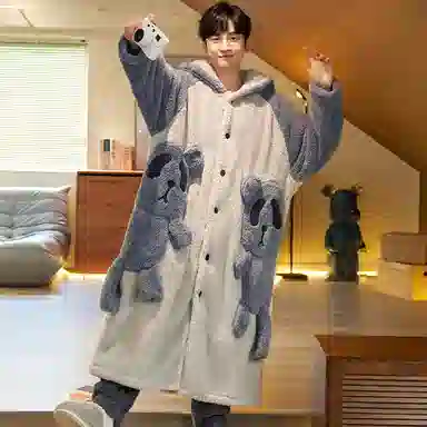 兰缪 秋冬季珊瑚绒男生 睡衣 卡通大象加厚加绒可外穿家居服睡衣套装 男款 黑色