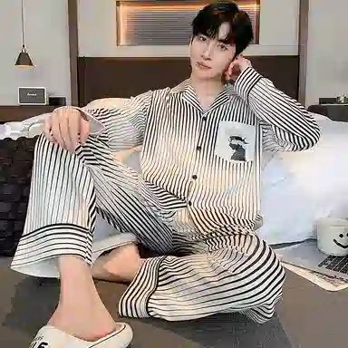 兰缪 条纹休闲宽松家居纽扣翻领睡衣套装 男款 灰白色