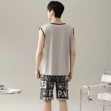 兰缪 撞色圆领无袖背心中腰裤子睡衣套装 男款 灰色