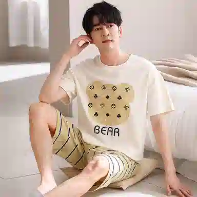 兰缪 卡通印花圆领套头短袖上衣松紧腰短裤睡衣套装 男款 杏色