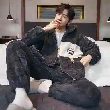 兰缪 秋冬季珊瑚绒睡衣 加厚加绒家居服 家居套装  男款  黑色