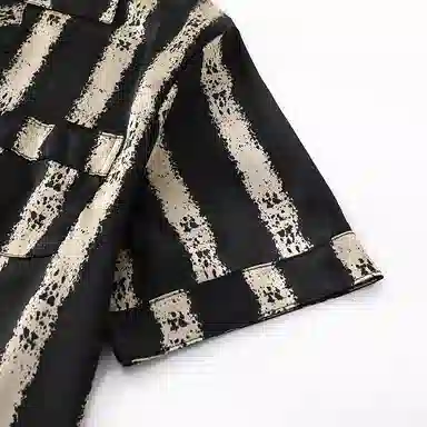 兰缪 简约亲肤舒适透气条纹翻领开衫短袖休闲可外穿家居服短裤长裤三件套睡衣套装 男款 黑色