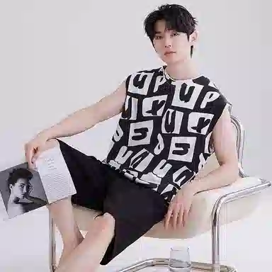 兰缪 撞色圆领无袖背心中腰裤子睡衣套装 男款 灰色