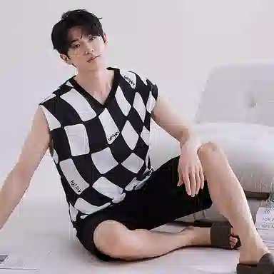 兰缪 撞色圆领无袖背心中腰裤子睡衣套装 男款 灰色