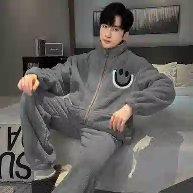 兰缪 秋冬季珊瑚绒男生睡衣 学生宿舍运动休闲加厚加绒家居服可外穿 家居套装  男款  白色