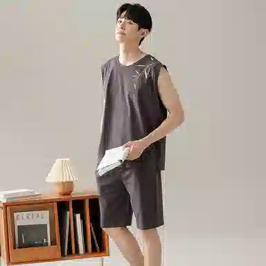 兰缪 撞色圆领无袖背心中腰裤子睡衣套装 男款 灰色