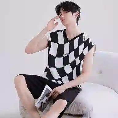 兰缪 撞色圆领无袖背心中腰裤子睡衣套装 男款 灰色