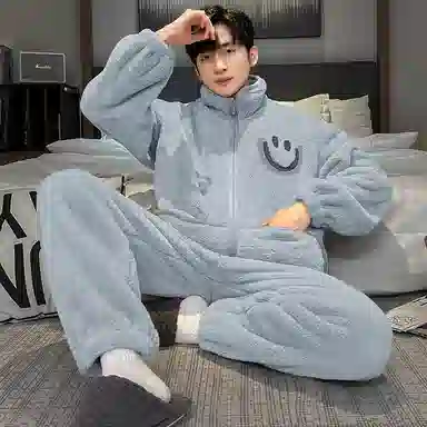 兰缪 秋冬季珊瑚绒男生睡衣 学生宿舍运动休闲加厚加绒家居服可外穿 家居套装  男款  白色