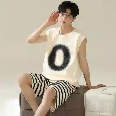 兰缪 撞色圆领无袖背心中腰裤子睡衣套装 男款 灰色