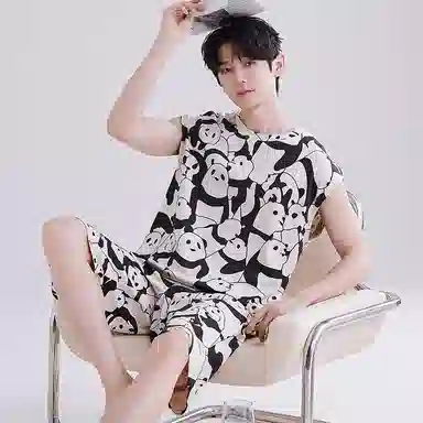 兰缪 撞色圆领无袖背心中腰裤子睡衣套装 男款 灰色