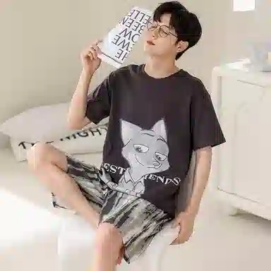 兰缪 卡通字母印花圆领套头短袖短裤睡衣套装 男款 灰色
