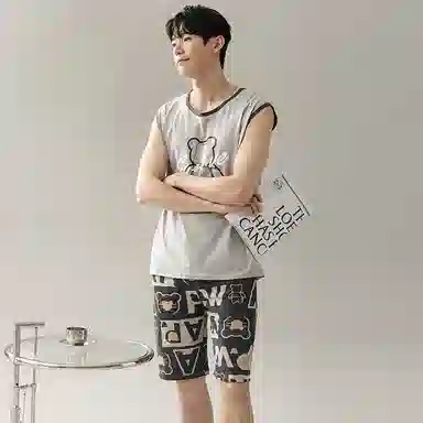 兰缪 撞色圆领无袖背心中腰裤子睡衣套装 男款 灰色