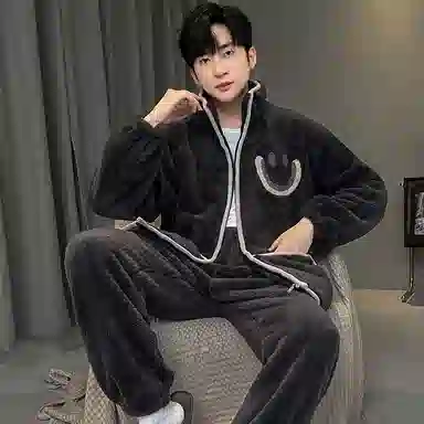 兰缪 秋冬季珊瑚绒男生睡衣 学生宿舍运动休闲加厚加绒家居服可外穿 家居套装  男款  白色