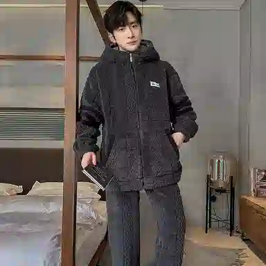 兰缪 秋冬季珊瑚绒睡衣 加厚加绒家居服 家居套装  男款  黑色