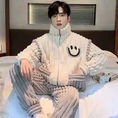 兰缪 秋冬季珊瑚绒男生睡衣 学生宿舍运动休闲加厚加绒家居服可外穿 家居套装  男款  白色