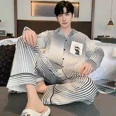 兰缪 条纹休闲宽松家居纽扣翻领睡衣套装 男款 灰白色