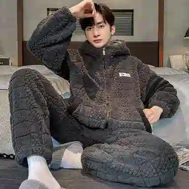 兰缪 秋冬季珊瑚绒睡衣 加厚加绒家居服 家居套装  男款  黑色