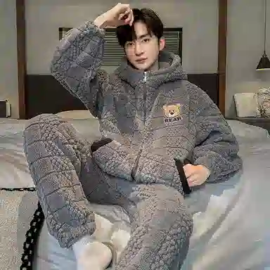 兰缪 秋冬季珊瑚绒睡衣 加厚加绒家居服 家居套装  男款  黑色