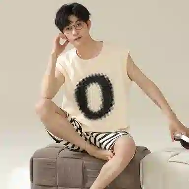 兰缪 撞色圆领无袖背心中腰裤子睡衣套装 男款 灰色