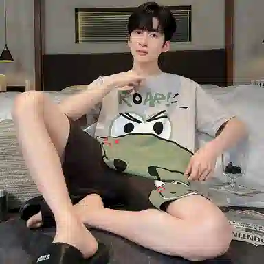 兰缪 卡通恐龙字母印花圆领套头短袖睡衣套装 男款 灰白