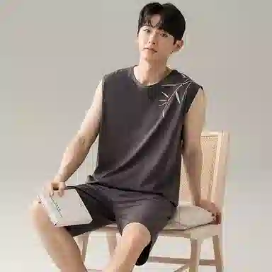兰缪 撞色圆领无袖背心中腰裤子睡衣套装 男款 灰色