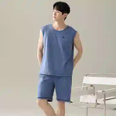 兰缪 撞色圆领无袖背心中腰裤子睡衣套装 男款 灰色