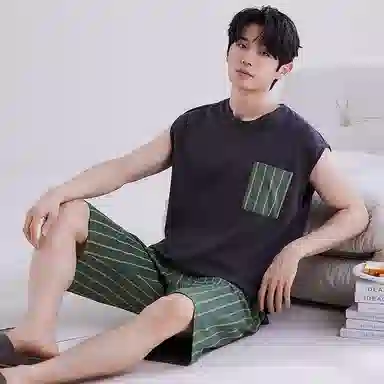 兰缪 撞色圆领无袖背心中腰裤子睡衣套装 男款 灰色