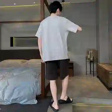 兰缪 卡通恐龙字母印花圆领套头短袖睡衣套装 男款 灰白