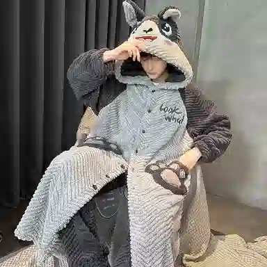 兰缪 秋冬季珊瑚绒男生 睡衣 卡通大象加厚加绒可外穿家居服睡衣套装 男款 黑色