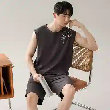 兰缪 撞色圆领无袖背心中腰裤子睡衣套装 男款 灰色