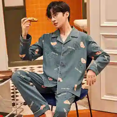 兰缪 纯棉卡通印花宽松睡衣套装 男款 蓝色