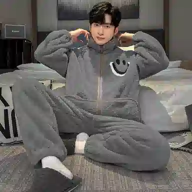 兰缪 秋冬季珊瑚绒男生睡衣 学生宿舍运动休闲加厚加绒家居服可外穿 家居套装  男款  白色