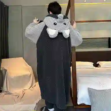 兰缪 秋冬季珊瑚绒男生 睡衣 卡通大象加厚加绒可外穿家居服睡衣套装 男款 黑色