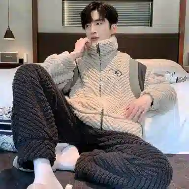 兰缪 秋冬季珊瑚绒男生睡衣 学生宿舍运动休闲加厚加绒家居服可外穿 家居套装  男款  白色