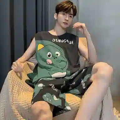 兰缪 撞色圆领无袖背心中腰裤子睡衣套装 男款 灰色